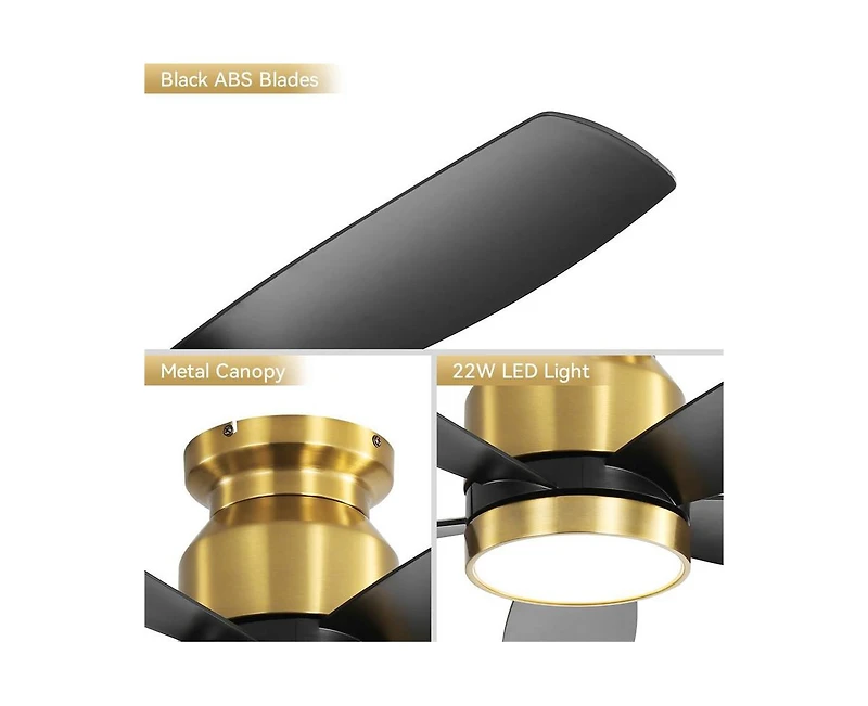 Sofucor 42-inch Modern Golden 5-Blade Ceiling Fan With 6-Speed Adjustable Wind Speed and Light Kit
