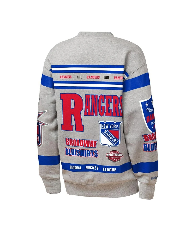 Mitchell & Ness Big Boys and Girls Heather Gray New York Rangers Allover Print Fleece Crewneck Sweatshirt