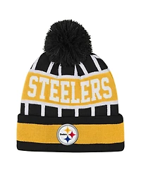 Outerstuff Big Boys and Girls Black Pittsburgh Steelers Go Fast Cuffed with Pom Knit Hat