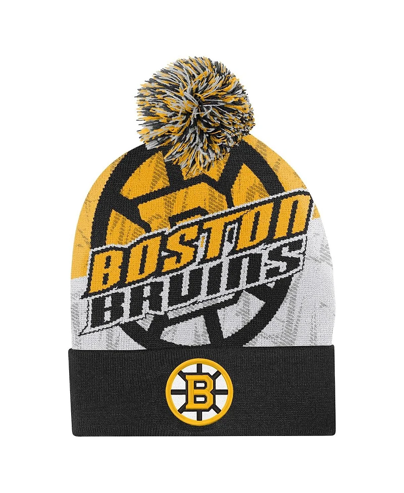 Outerstuff Big Boys and Girls Black Boston Bruins New Edge Cuffed with Pom Knit Hat