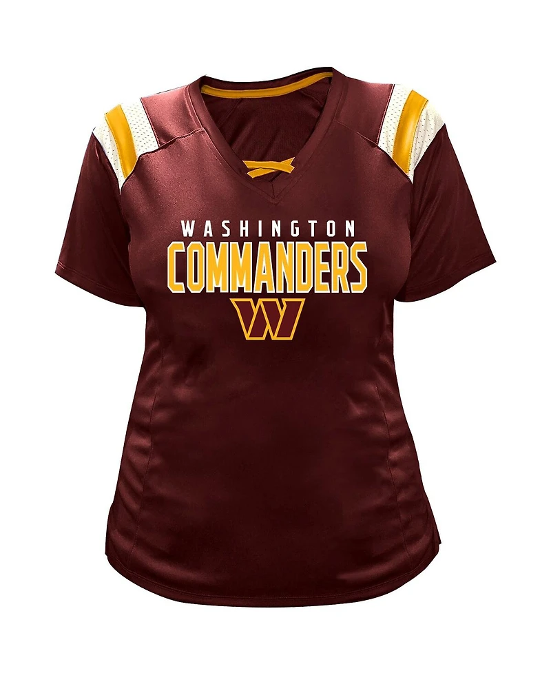 Fanatics Women's Jayden Daniels Burgundy Washington Commanders Plus Name Number Raglan Lace V-Neck T-Shirt