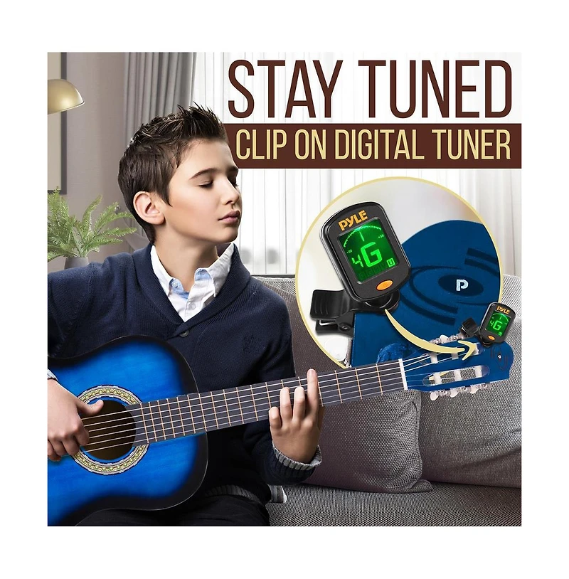 Pyle 36'' -Inch 6-String Classic Guitar - 3/4 Size Scale Guitar with Digital Tuner & Accessory Kit, (Blue burst