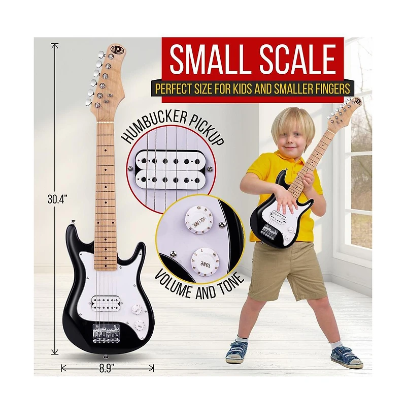 Pyle 30" Kids Electric Guitar Kit with Amplifier, Accessory Pack - Black Gloss, PEGKT30