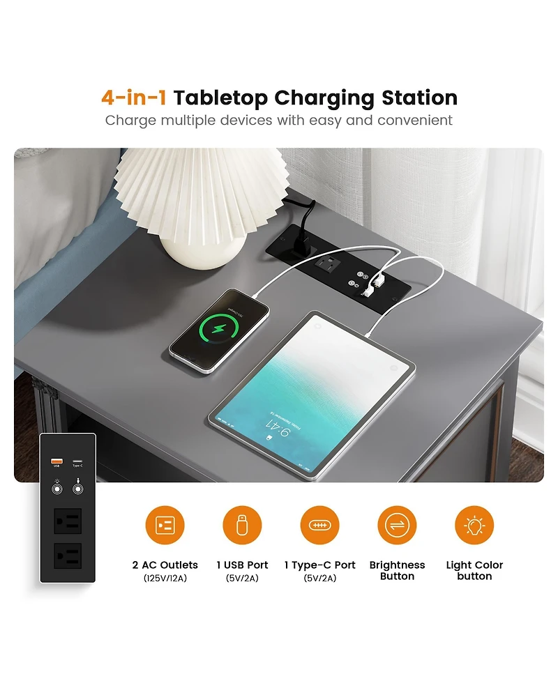 Vlsrka Nightstand with Charging Station, 3-Color Led & 2 Drawers