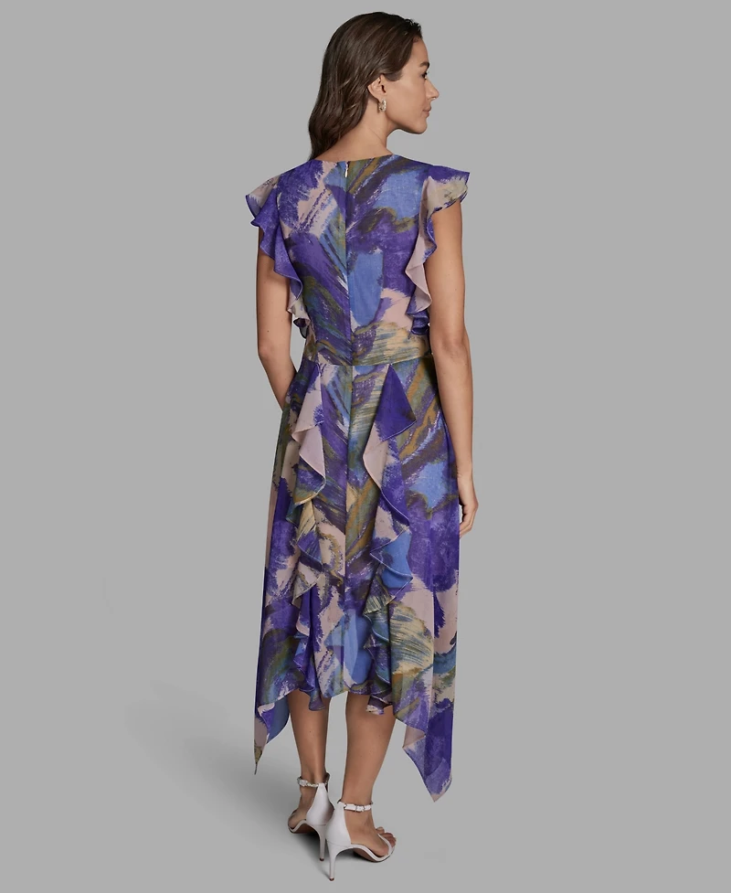 Bcbg Women's Handkerchief Hem Ruffle V-Neck Midi Dress