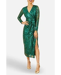 Yumi Women's Sequin Midi Long Sleeve Wrap Dress