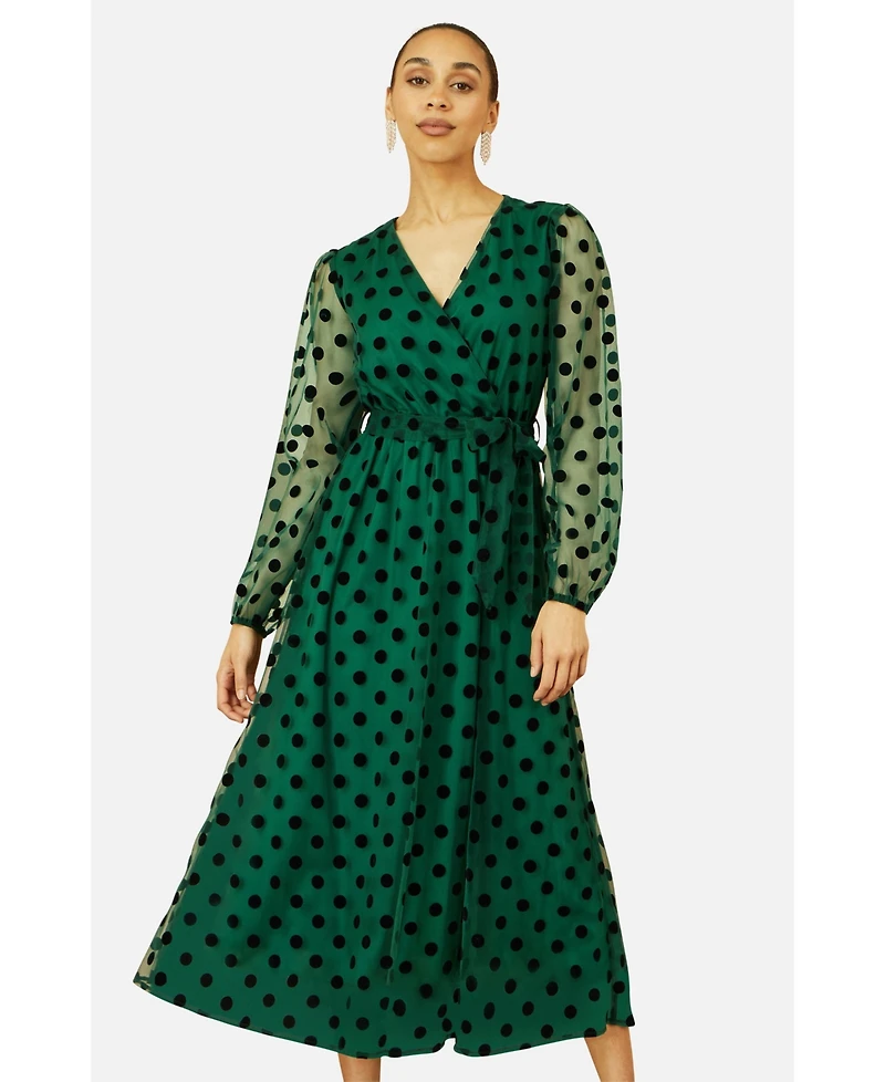 Yumi Women's Spot Mesh Wrap Midi Skater Dress