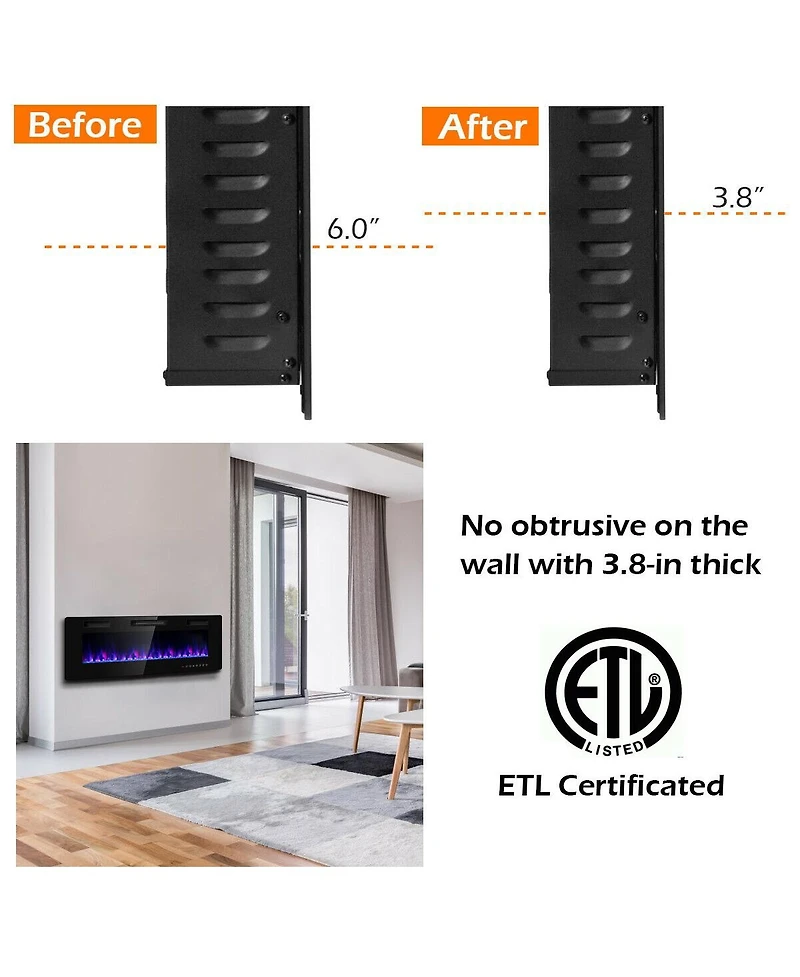 Sugift 50 Inch Recessed Ultra Thin Electric Fireplace with Timer