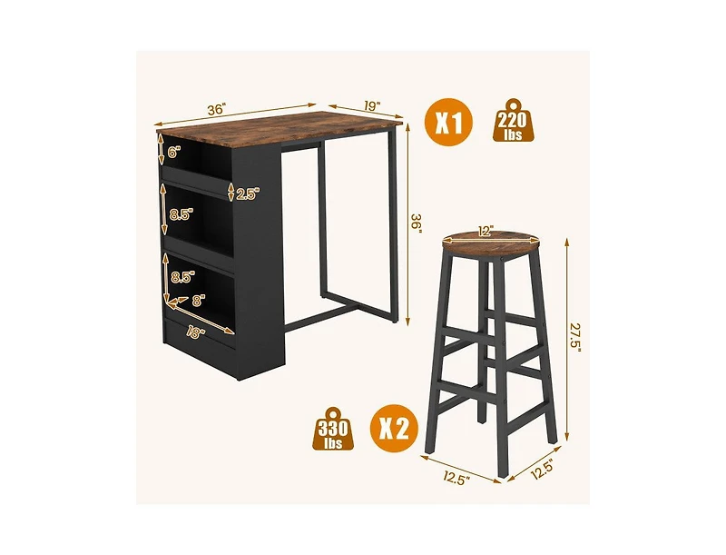 Boyel Living 3 Pieces Bar Table Set with Storage