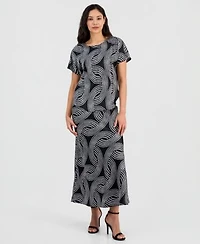 Anne Klein Womens Printed Bateau Neck Short Sleeve Top Flared Pull On Skirt