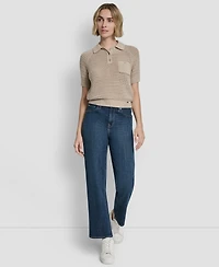 Dkny Jeans Women's Short-Sleeve Polo Collar Faux Crochet Stitch Sweater