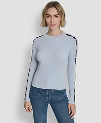 Dkny Jeans Women's Long-Sleeve Logo Trim Crewneck Sweater
