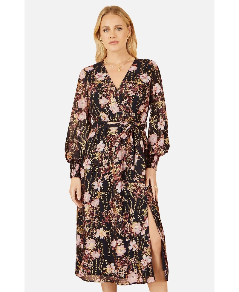 Yumi Women's Foiled Floral Print Wrap Midi Dress