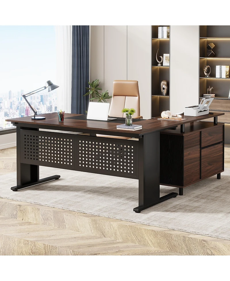 Tribesigns 63 Inch Executive Desk with File Cabinet, Large Office Desk L Shaped Computer Desk