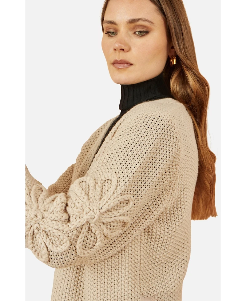 Yumi Women's Floral Sleeve Chunky Knit Open Front Long Cardigan Sweater