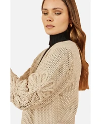 Yumi Women's Floral Sleeve Chunky Knit Open Front Long Cardigan Sweater