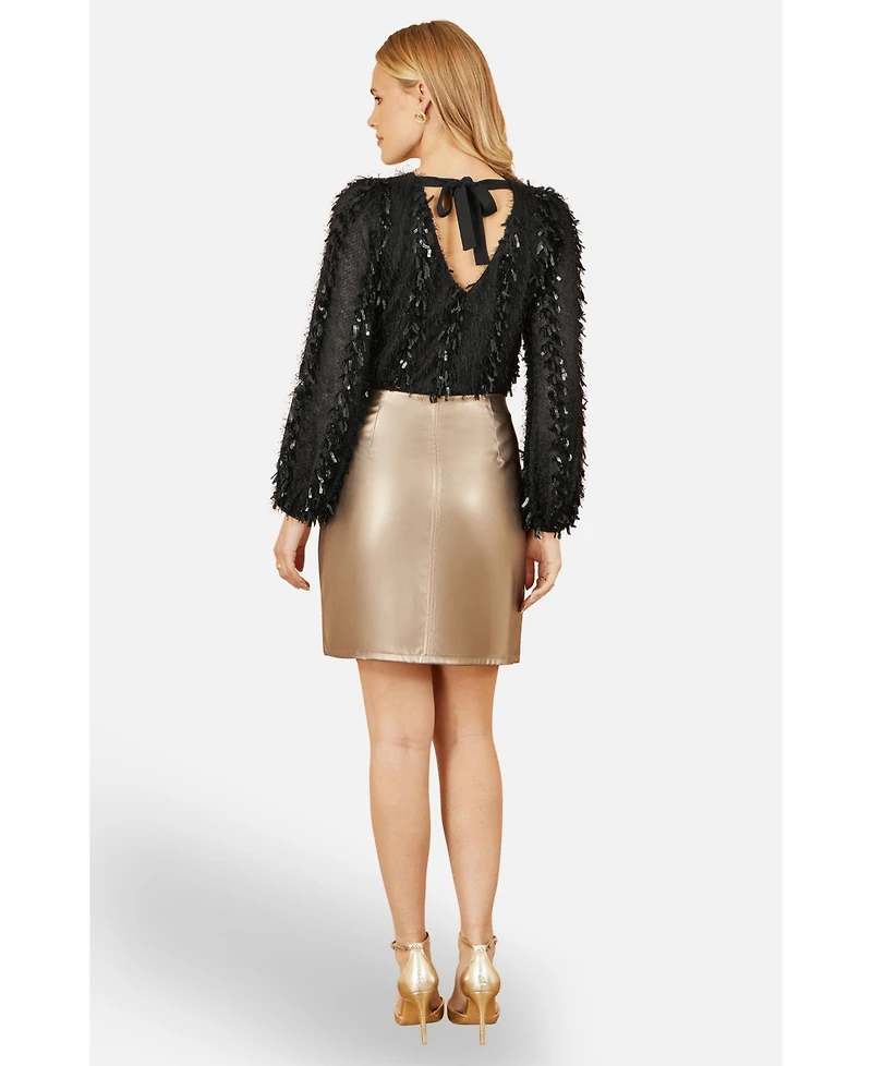 Yumi Women's Hanging Sequin Long Sleeve Top