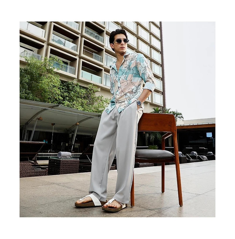 Campus Sutra Men's Botanical-Outline Imprint Shirt