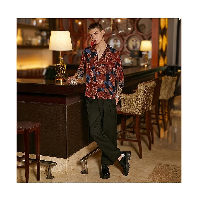 Campus Sutra Men's Chocolate Brown & Midnight Black Floral Overlap Shirt