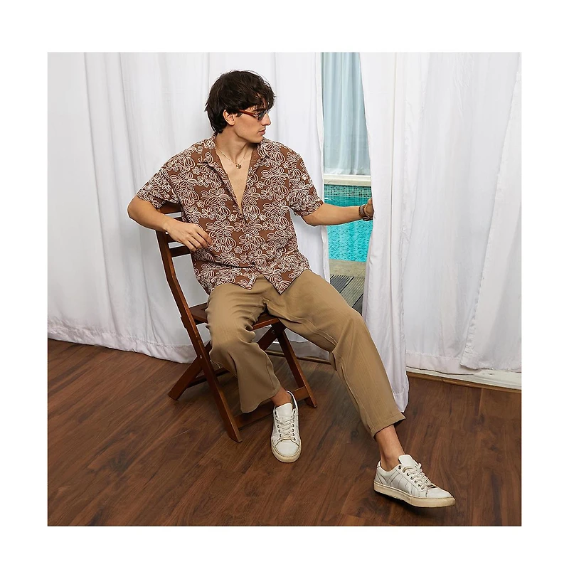 Campus Sutra Men's Mocha Brown Floral-Lined Oversized Shirt