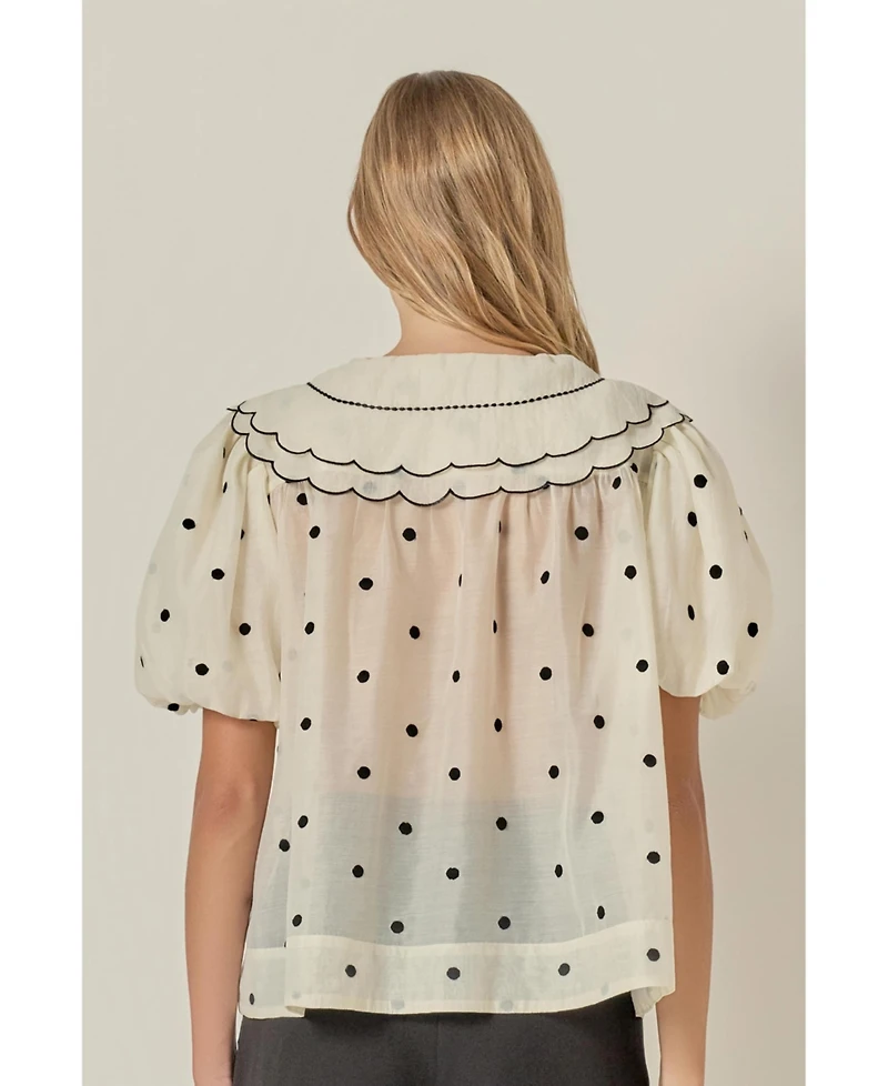 English Factory Women's Scalloped Collar Sheer Polka Dot Blouse