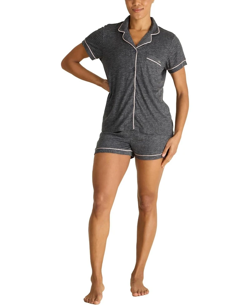 Tahari Women's Short Sleeve Notch Collar Top and Shorts 2 Piece Pajama Set