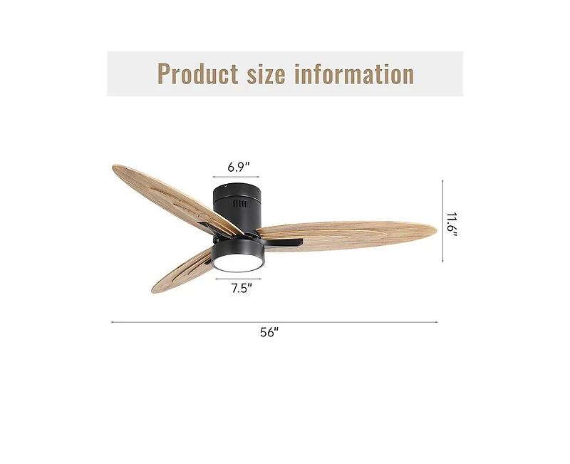 Sofucor 56-inch Modern Black 3-Blade Flush Mount Ceiling Fan with Remote Control Function and Led Lamp.