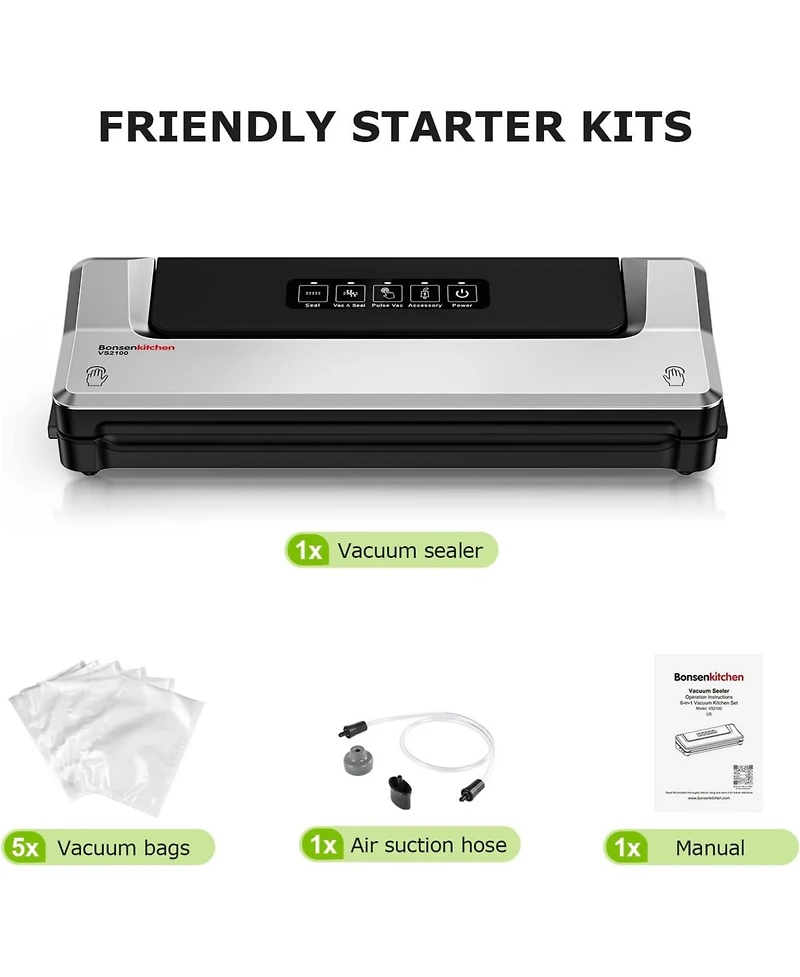 Bonsaii Bonsenkitchen Compact Vacuum Sealer, Fast Multi-Functional Food Saver with 20 Bags, 2 Rolls & Hose, High-Speed Continuous Use, Silver