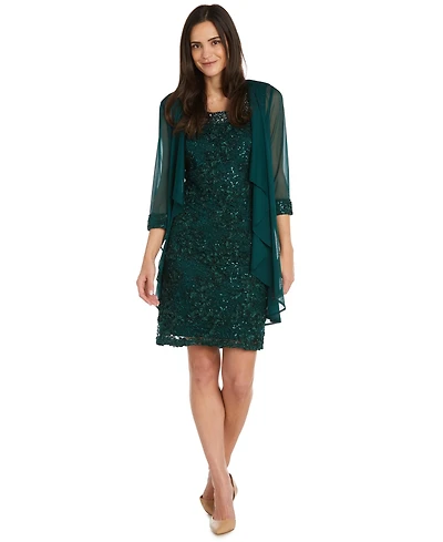 R & M Richards Embellished Lace Dress Waterfall Jacket