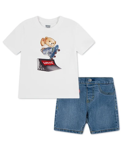 Levi's Boys Toddler 2T-4T Bear Skater T-Shirt and Denim Shorts, 2-Piece Set