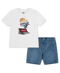 Levi's Boys Toddler 2T-4T Bear Skater T-Shirt and Denim Shorts, 2-Piece Set