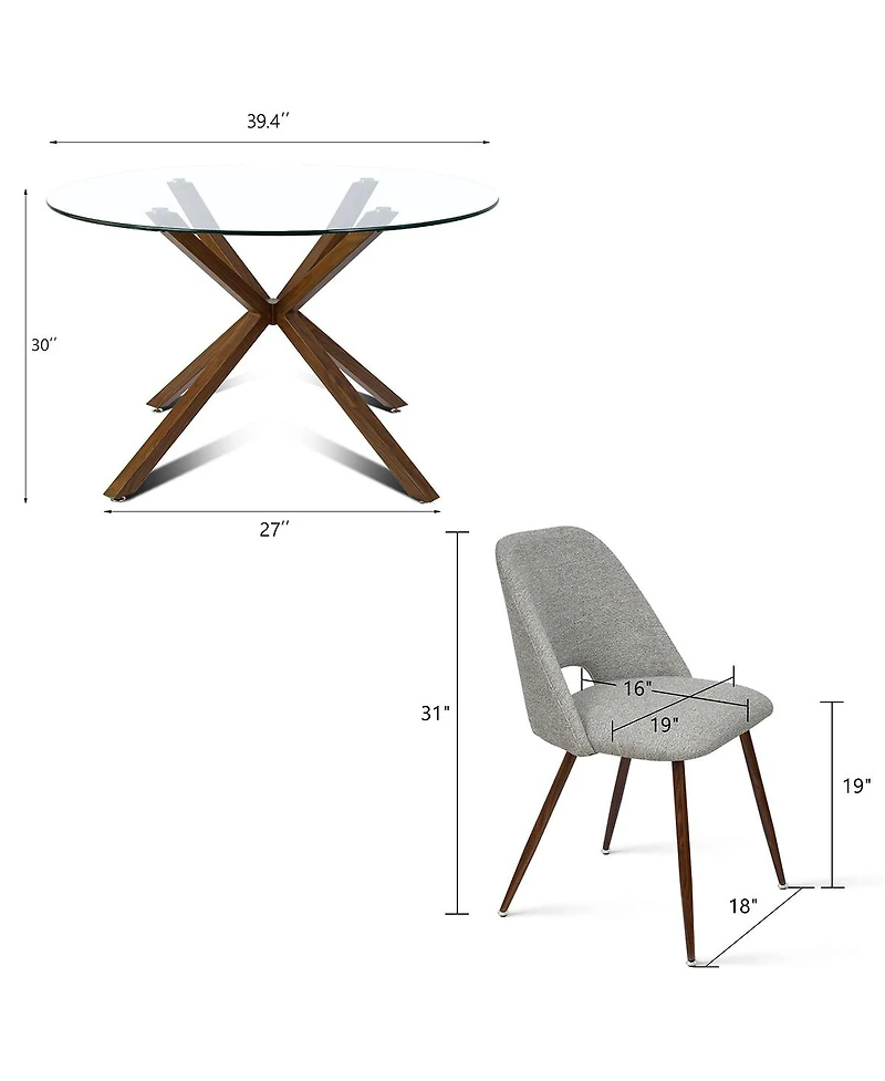 Modern 5-Piece Glass Top Dining Set for Small Spaces, 39.4'' Round Table with Fabric Chairs Kitchen or Apartment-Maison Boucle