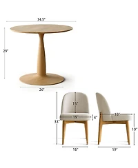 3-Piece Round Dining Table Set, 34.5'' Mdf Wood Top with Metal Base and Upholstered Wood-Leg Chairs for Small Spaces-Maison Boucle
