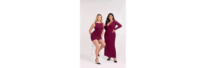 S3 Apparel Women's Sculpting Shapewear Shirred V-Neck Long Sleeve Solid Maxi Dress - Cherry Mocha
