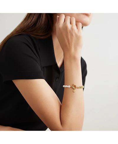18K Gold Plated Freshwater Pearl with Cuban Chain - Lauren Bracelet 9" For Women and Girls