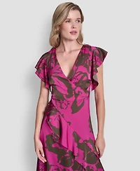 Dkny Women's Cap-Sleeve Surplice Neck Ruffle Midi Dress