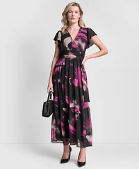 Dkny Women's Ruffle Cap Sleeve Surplice Neck Maxi Dress