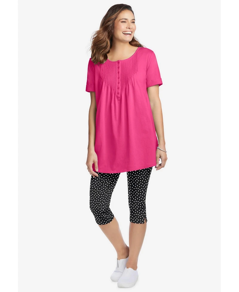 Woman Within Plus Stretch-Cotton Knit Pull-On Printed Capri Leggings