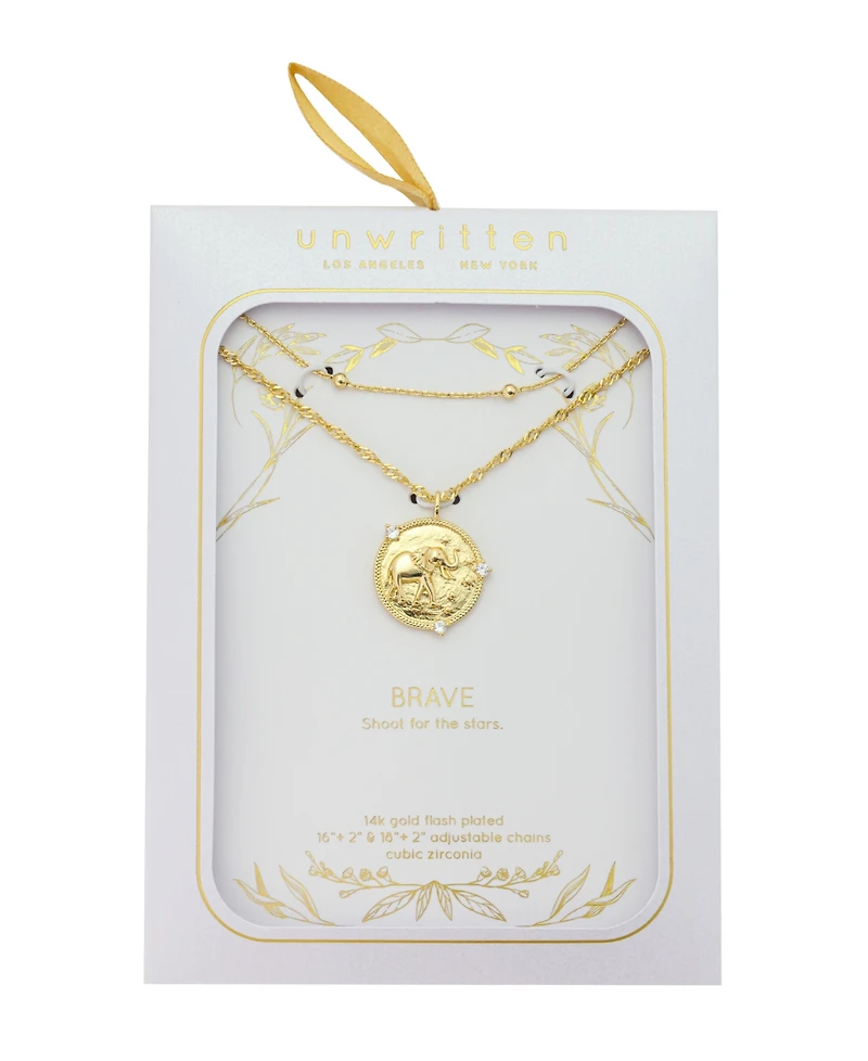 Unwritten Shoot For The Stars Elephant W/Cubic Zirconia Round Twist Chain And Beaded Chain Necklace 2 Pcs Set