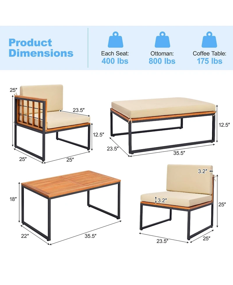 5 Pcs Patio Furniture Set Acacia Wood Sectional Set with Seat & Back Cushions
