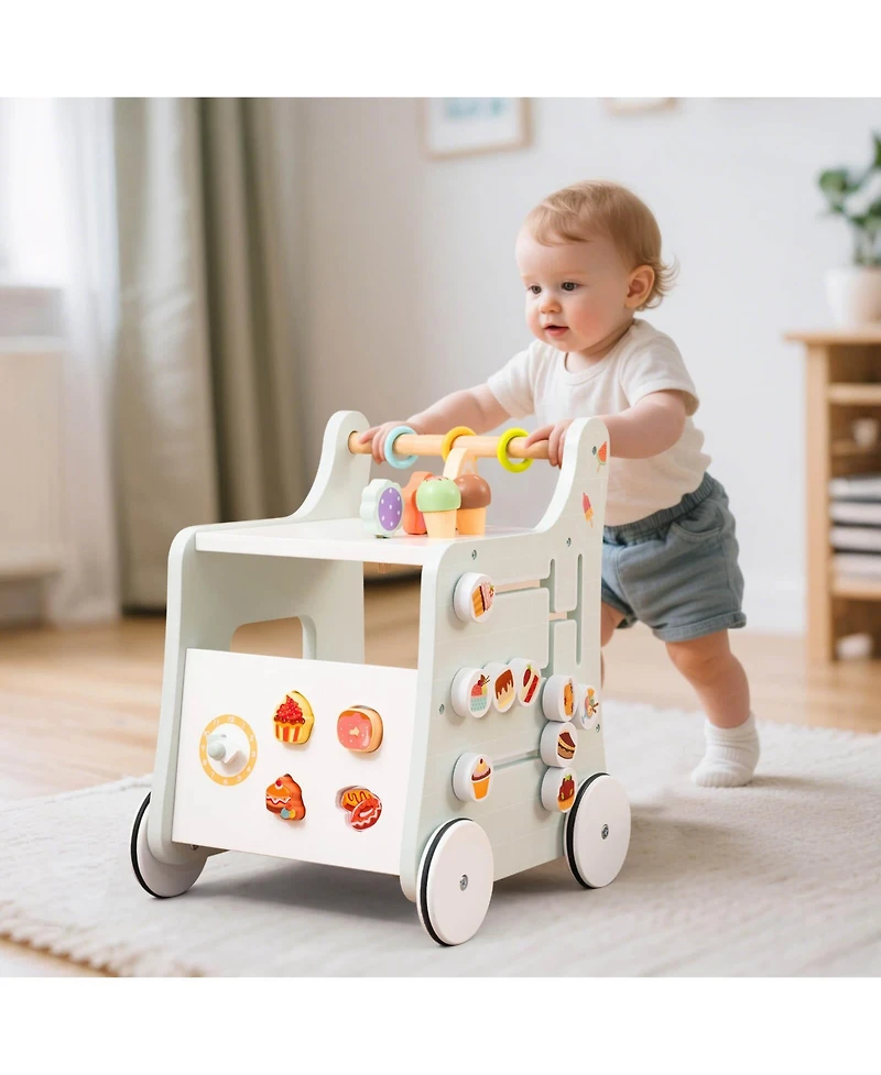 Costway Wooden Baby Walker Ice Cream Cart Toy with Sweet Accessories & Smooth Wheels