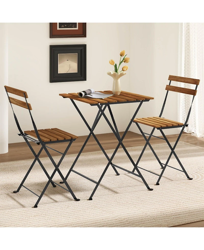 Costway 3 Pcs Patio Acacia Wood Bistro Set Table with 2 Folding Chairs Slatted Seat