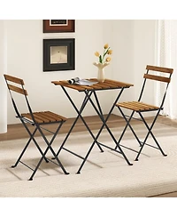 Costway 3 Pcs Patio Acacia Wood Bistro Set Table with 2 Folding Chairs Slatted Seat
