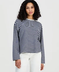 Hippie Rose Juniors' Oversized Striped Long-Sleeve Crewneck Tee