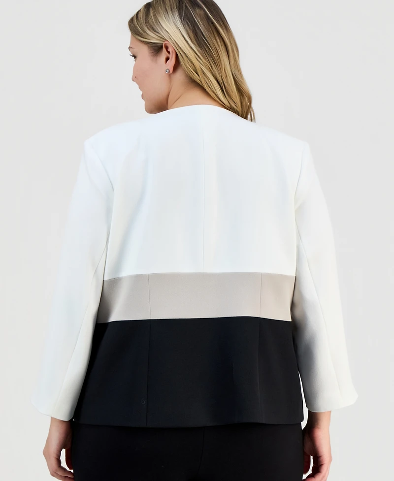 Kasper Plus Collarless Colorblocked Open-Front Jacket