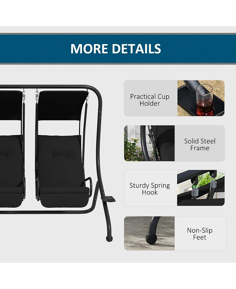 Outsunny 2-Seat Patio Swing Chair w/ Removable Canopy & Cup Holders,