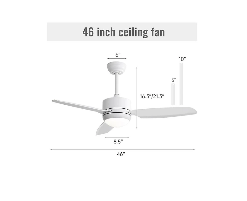 Sofucor 46-inch Modern White 3-blade Ceiling Fan with Led Light with Six-speed Remote Control