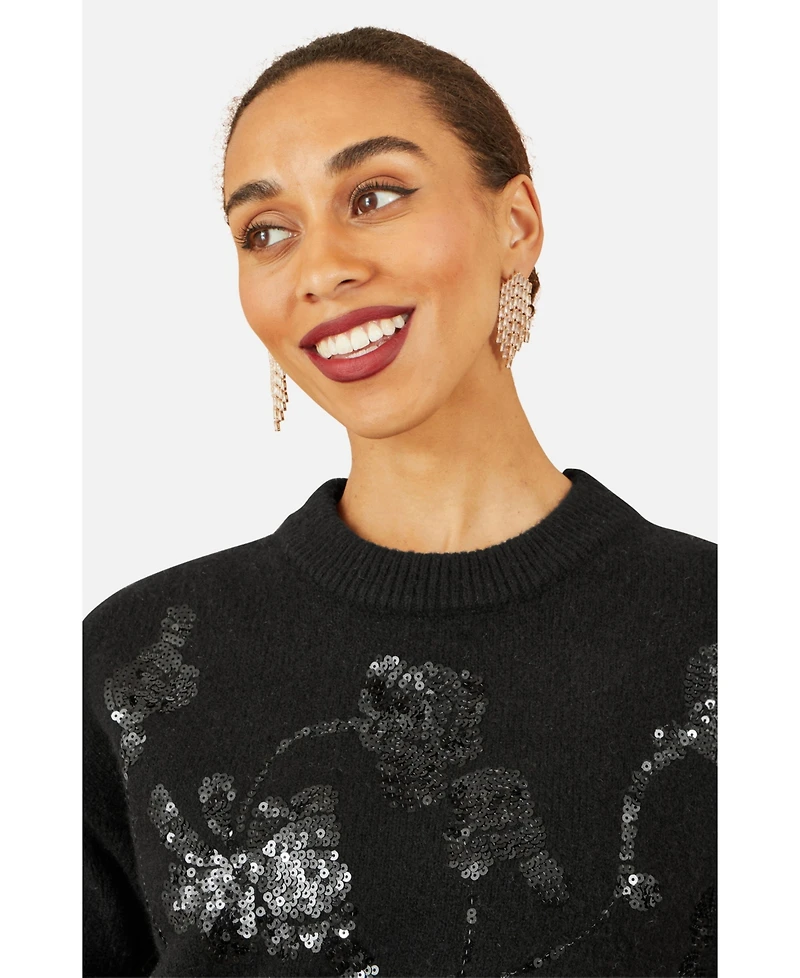 Yumi Women's 's Relaxed Fit Floral Sequin Sweater