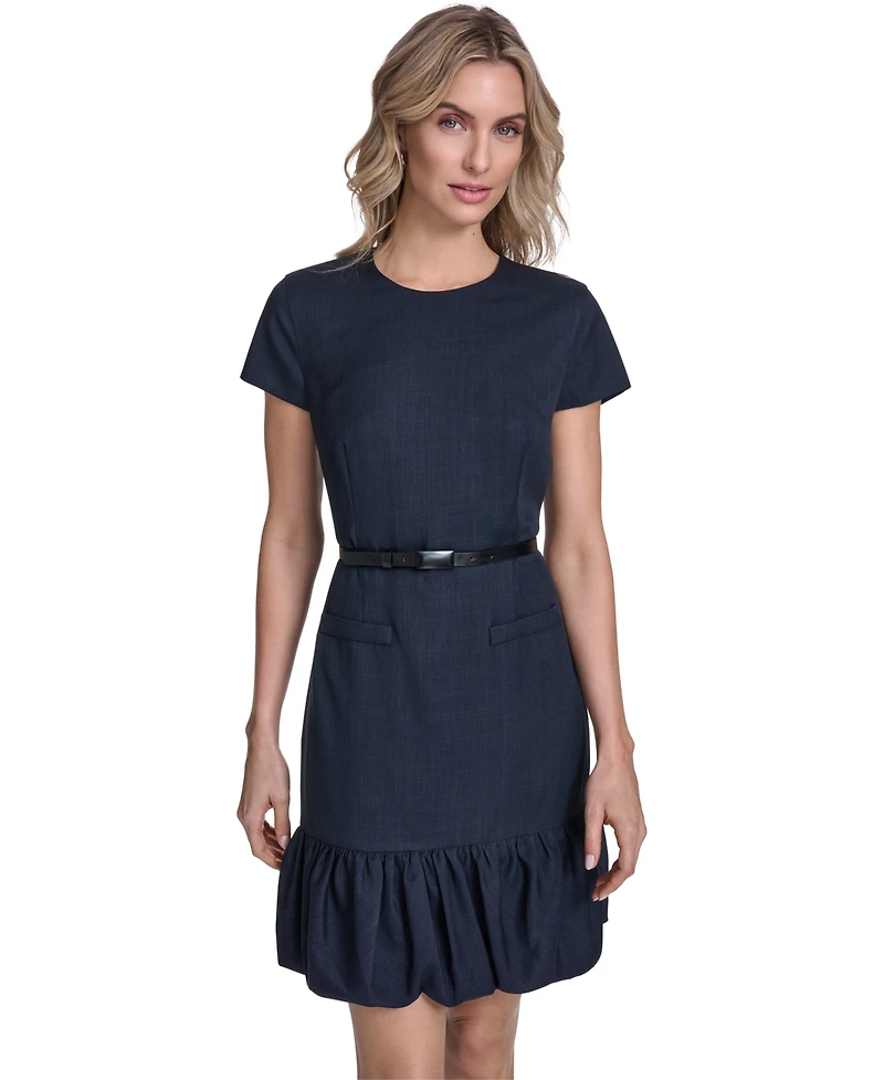 Calvin Klein Petite Bubble Hem Belted Short-Sleeve Dress
