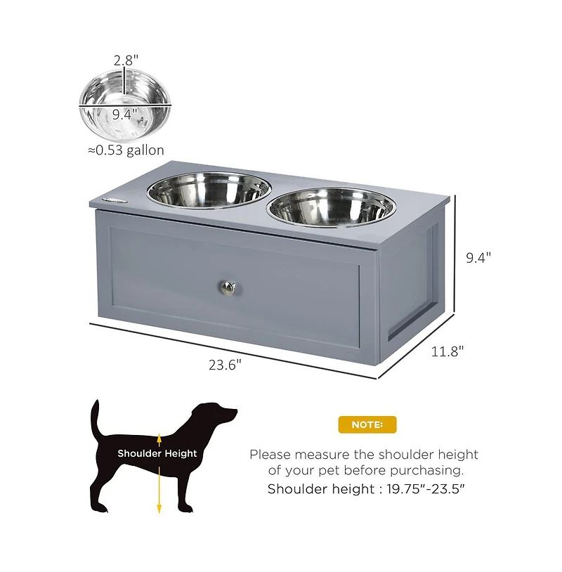 Aostirmotor 23.6 x 11.8 x 9.4 Gray Elevated Dog Bowls Raised Bowl Stand Storage 2 Stainless Steel Bowls